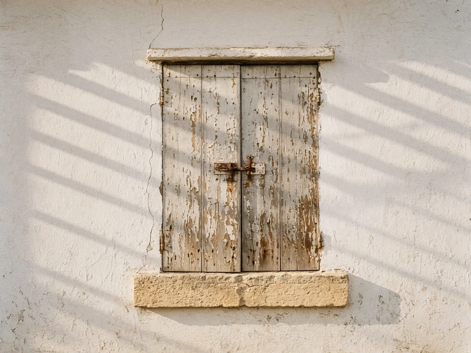 Weathered shutters closed on an old lime-washed Portuguese wall